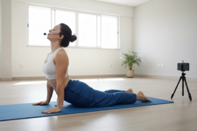 Mulher praticando yoga online via computador